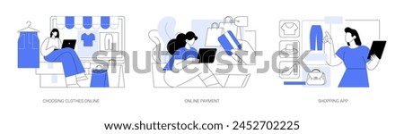 Online shopping isolated cartoon vector illustrations set. Choosing clothes in online apparel store, making payment with plastic card, sitting with laptop, internet shop mobile app vector cartoon.