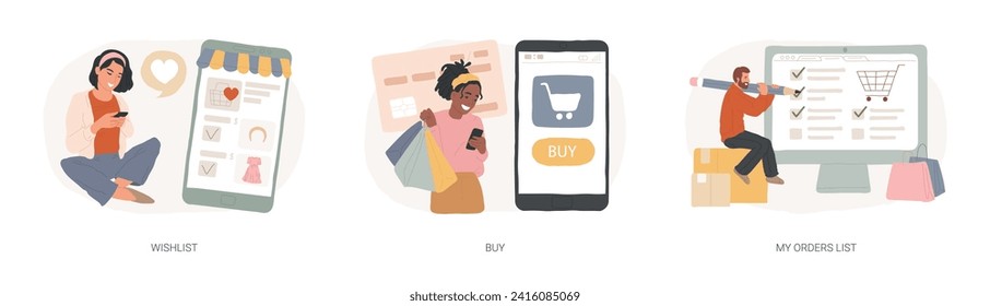 Conjunto de ilustraciones vectoriales de concepto aislado de compras en línea. Wishlist, buy, mi lista de pedidos, añadir al carrito de la compra, producto en stock, tienda minorista, sitio web de comercio electrónico, concepto de vector de cuenta de usuario.