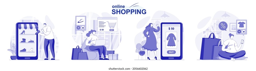 Online shopping isolated set in flat design. People choose clothes and pay for purchases on site, collection of scenes. Vector illustration for blogging, website, mobile app, promotional materials.