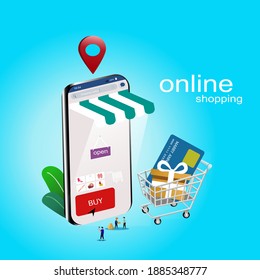 Online shopping isolated technology vector design.the concept of online shopping on social media app. The mobile phone represents the front of the shop store with balloon. Shopping online on website .