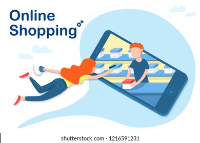 Online Shopping isolated woman with credit card in hand vector illustration in the flat style on white background 