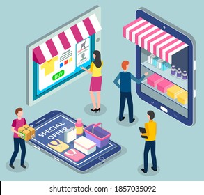 Online shopping. Isometric 3d digital tablet, smartphone with online shop. People shoppers choosing, buying products, goods, making purchases in online store at website. E-commerce, special offer