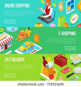Online shopping isometric 3D posters set. E-shopping concept with shopping bag, credit card, goods and products. Mobile marketing, e-commerce, online payment, 24/7 delivery vector illustration.