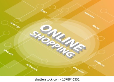 online shopping isometric 3d word text concept with some related text and dot connected - vector illustration