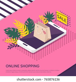 
Online shopping isometric banner. Trendy 80s-90s memphis style with floral elements. Vector illustration.