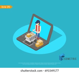 Online shopping isometric Boxes in a trolley on a laptop keyboard. Online shopping is a form of electronic commerce that allows consumers to directly buy goods from a seller over the internet.