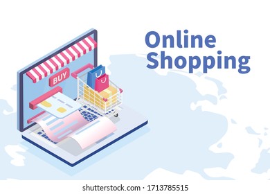 Online shopping isometric, shopping cart on a laptop keyboard, World map background, Online shopping and delivery concept.