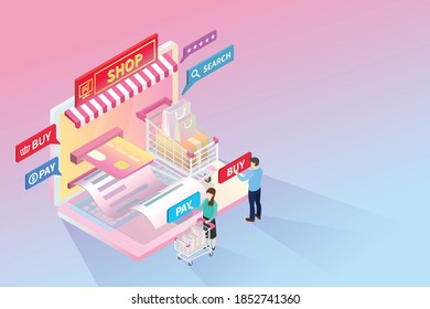 Online shopping isometric, shopping cart on a laptop keyboard, Pastel colors, Copy space, Online shopping and delivery concept.