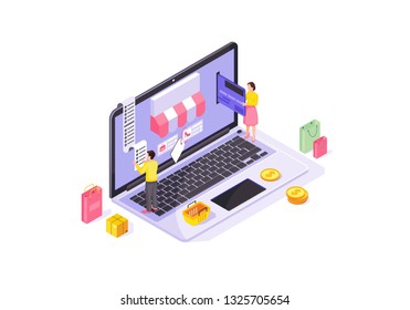 Online shopping isometric color vector illustration. Digital purchase infographic. E-payment. Clothing store website 3d concept. Webpage, mobile app design