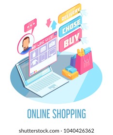 Online shopping isometric composition including products choice on internet site, electronic payment and delivery vector illustration 
