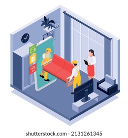 Online shopping isometric composition with workers in home interior unloading of sofa ordered remote 3d vector illustration