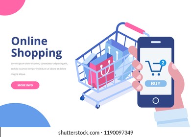 Online shopping isometric concept. Shopping cart with bags. Man's hand with mobile phone. Flat  vector design isolated on white background.