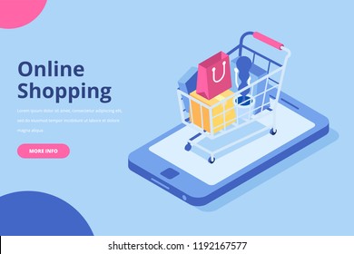Online-Shopping isometrisches Konzept. Warenkorb mit Taschen, die auf einem großen Handy stehen. Flaches Vektordesign einzeln auf blauem Hintergrund.