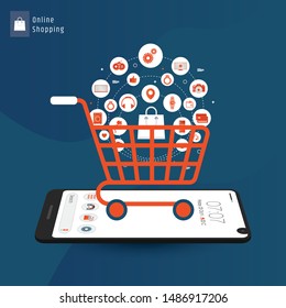 Online shopping isometric concept. Shopping cart with bags standing upon big mobile phone. Flat vector design isolated on blue background.