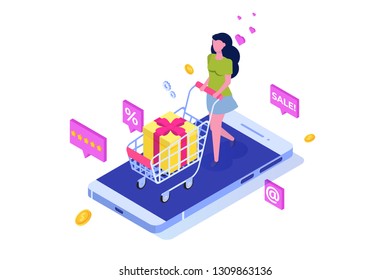Online Shopping isometric concept with characters. Ecommerce retail on device. Vector illustration.