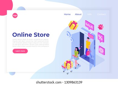 Online Shopping isometric concept with characters. Ecommerce retail on device. Vector illustration.
