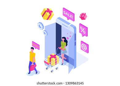 Online Shopping isometric concept with characters. Ecommerce retail on device. Vector illustration.
