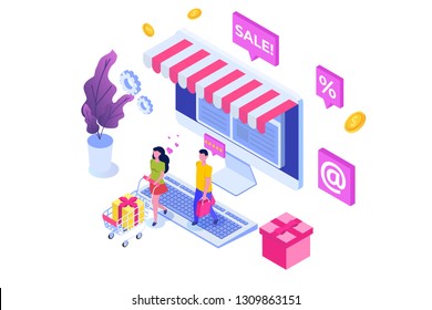 Online Shopping isometric concept with characters. Ecommerce retail on device. Vector illustration.