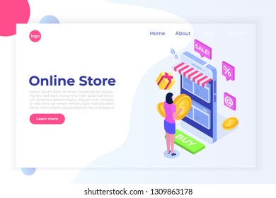Online Shopping isometric concept with characters. Ecommerce retail on device. Vector illustration.