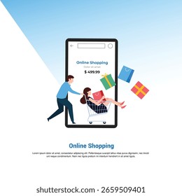 Concepto isométrico de compras en línea Diseño de Vector plano aislado sobre fondo azul. 