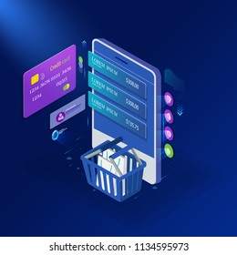 Online shopping, isometric concept, mobile app or landing page design,payment card, shopping cart,