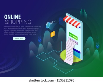 Online shopping, isometric concept, mobile app or landing page design, payment card, shopping cart