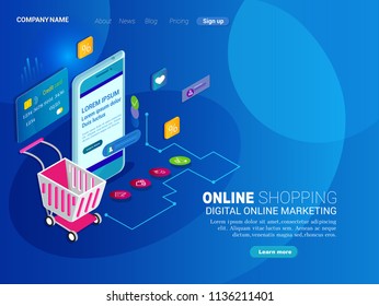 Online shopping, isometric concept, mobile app or landing page design, payment card, shopping cart