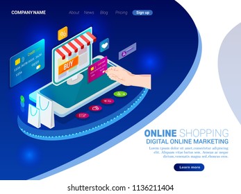 Online shopping, isometric concept, mobile app or landing page design, payment card, shopping cart