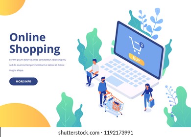 Online shopping isometric concept. People making online shopping. Isometric laptop. Flat  vector design isolated on white background.
