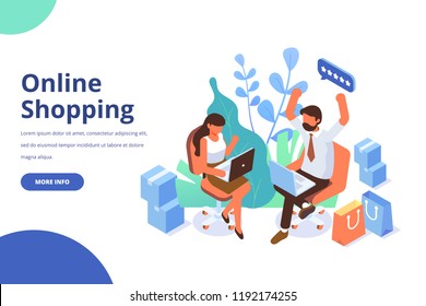 Online shopping isometric concept. People making online shopping. Isometric Man and woman with laptop. Flat  vector design isolated on white background.