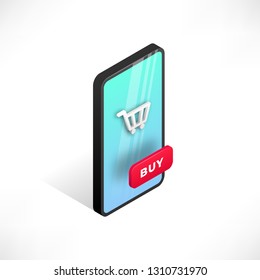 Online shopping isometric concept. Isometric smartphone with shopping cart and red button buy. Flat vector illustration