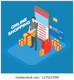 Online shopping isometric concept. Vector illustration.