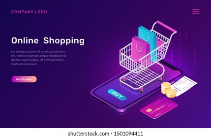 Online shopping, isometric concept vector illustration. Smartphone screen with buy button, shopping cart with bags, credit card and paper check isolated on ultraviolet, landing web page for mobile app