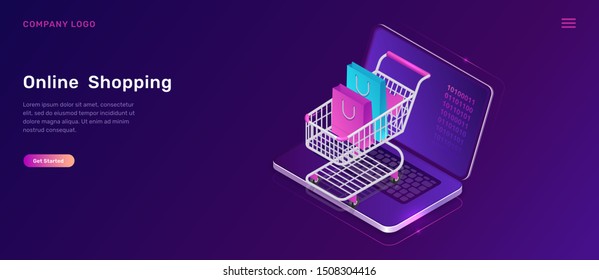 Online shopping, isometric concept vector illustration. Open laptop screen and shopping cart with bags, isolated on ultraviolet background, landing web page template