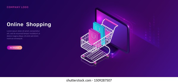 Online shopping, isometric concept vector illustration. Computer monitor screen and shopping cart with bags, isolated on ultraviolet background, landing web page template