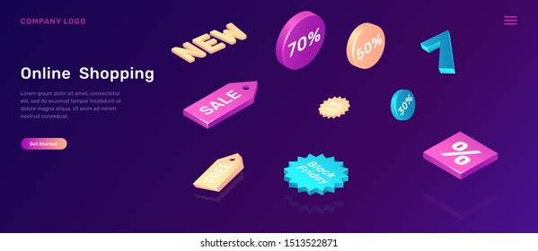 Online shopping, isometric concept vector illustration. 3D sale and discount promo icons on ultraviolet background, landing page of advertising agency to increase sales, web banner