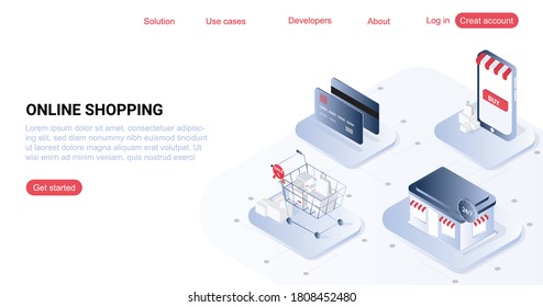 Online shopping, isometric concept vector illustration. Smartphone screen with buy button, shopping cart with bags, credit card an, landing web page for mobile app.