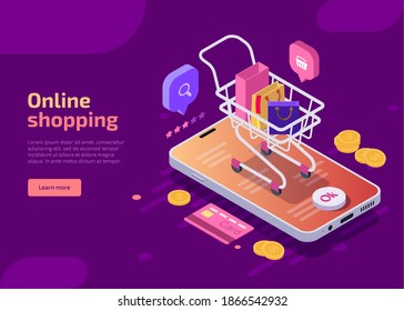 Online Shopping, Isometric Concept Vector Illustration. Smartphone Screen With Buy Button, Shop Cart With Bags Or Purchases, Credit Card, Coins On Violet Background. Landing Web Page For Mobile App.