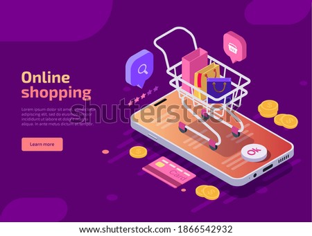 Online shopping, isometric concept vector illustration. Smartphone screen with buy button, shop cart with bags or purchases, credit card, coins on violet background. Landing web page for mobile app.