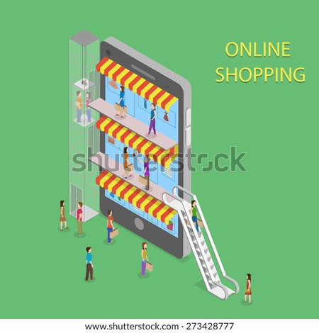 Online Shopping Isometric Concept Vector Illustration.  People Buing Goods In Mall, Shopping Center, Boutiques. Flat 3d.