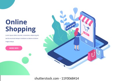 Online shopping isometric concept. Woman making online shopping by phone. Isometric Flat  vector design isolated on white background.