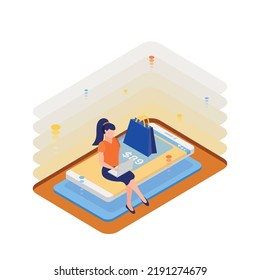 Online shopping isometric concept with woman buying things using laptop 3d vector illustration