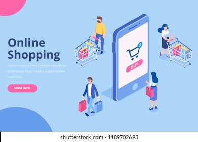 Online shopping isometric concept.  Isometric  Women and men characters with shopping bags and shopping carts. Flat vector illustration.