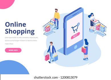 Online shopping isometric concept.  Isometric  Women and men characters with shopping bags and shopping carts isolated on white. Flat vector illustration.