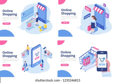 Online shopping isometric concept. Isometric Women and men characters with shopping bags and shopping carts. 	
Different People making online shopping.
Big Sale. Flat vector design.