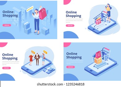 Online shopping isometric concept. Isometric Women and men characters with shopping bags and shopping carts. 	
Different People making online shopping.
Big Sale. Flat vector design.