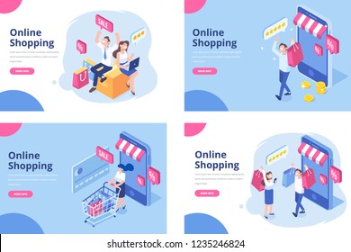 Online shopping isometric concept. Isometric Women and men characters with shopping bags and shopping carts. 	
Different People making online shopping.
Big Sale. Flat vector design.