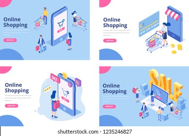 Online shopping isometric concept. Isometric Women and men characters with shopping bags and shopping carts. 	
Different People making online shopping.
Big Sale. Flat vector design.