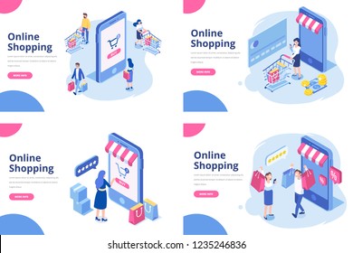 Online shopping isometric concept. Isometric Women and men characters with shopping bags and shopping carts. 	
Different People making online shopping.
Big Sale. Flat vector design.