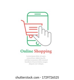 Online shopping , Online shopping isometric concept.Shopping cart with mobile phone icons Flat Vector Symbol
